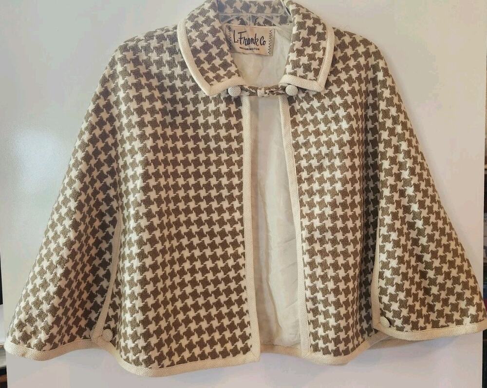 Vtg Frank Co Washington Houndstooth Cape Poncho Cloak Jacket Small #235